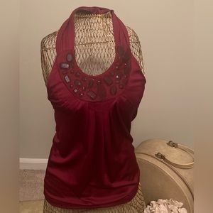 The Limited Deep Red Halter with Jeweled Neckline
